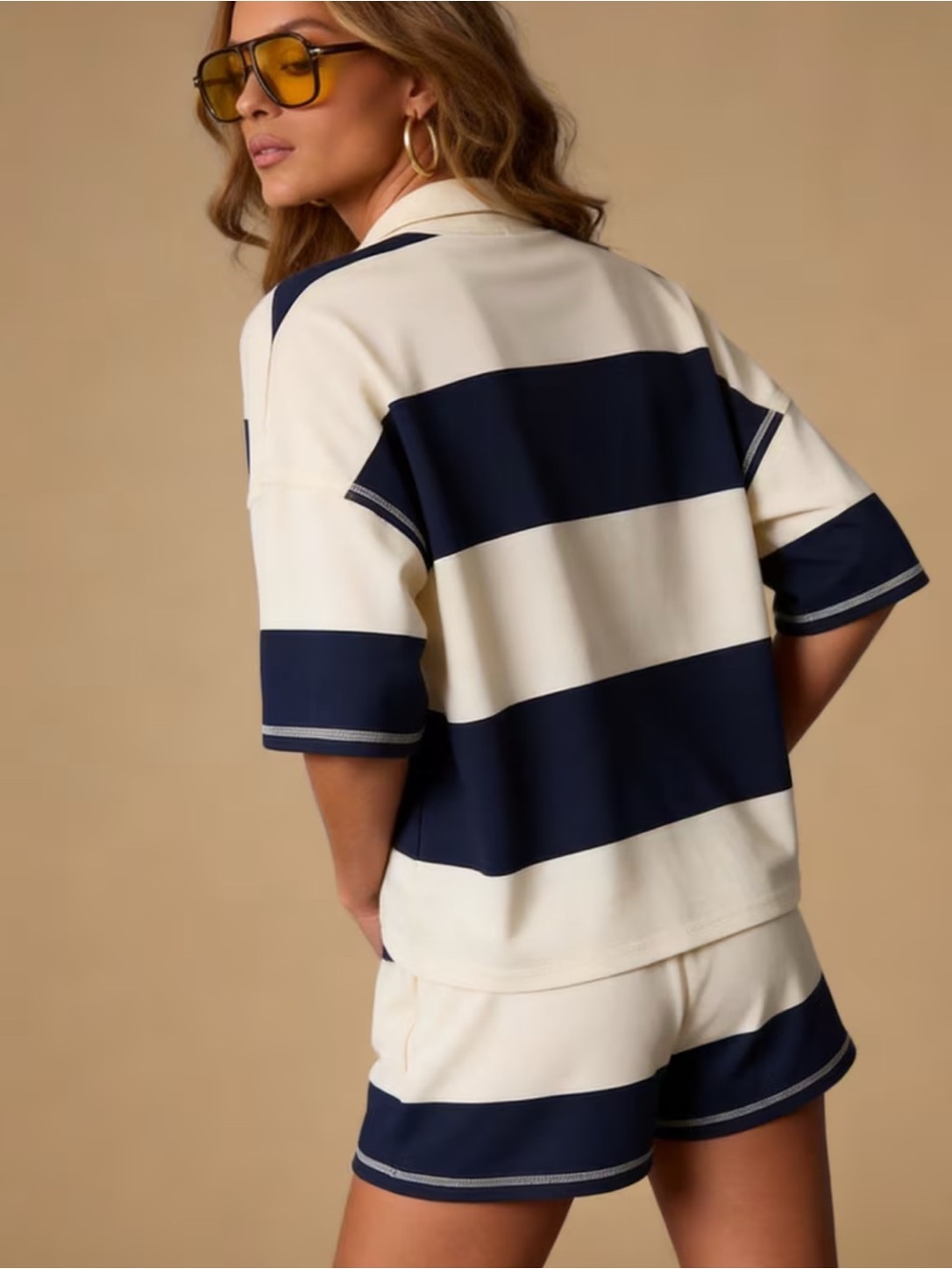 Coastal Navy Stripe Lounge Set Quarter Zip Top & Shorts - Picture 2 of 8